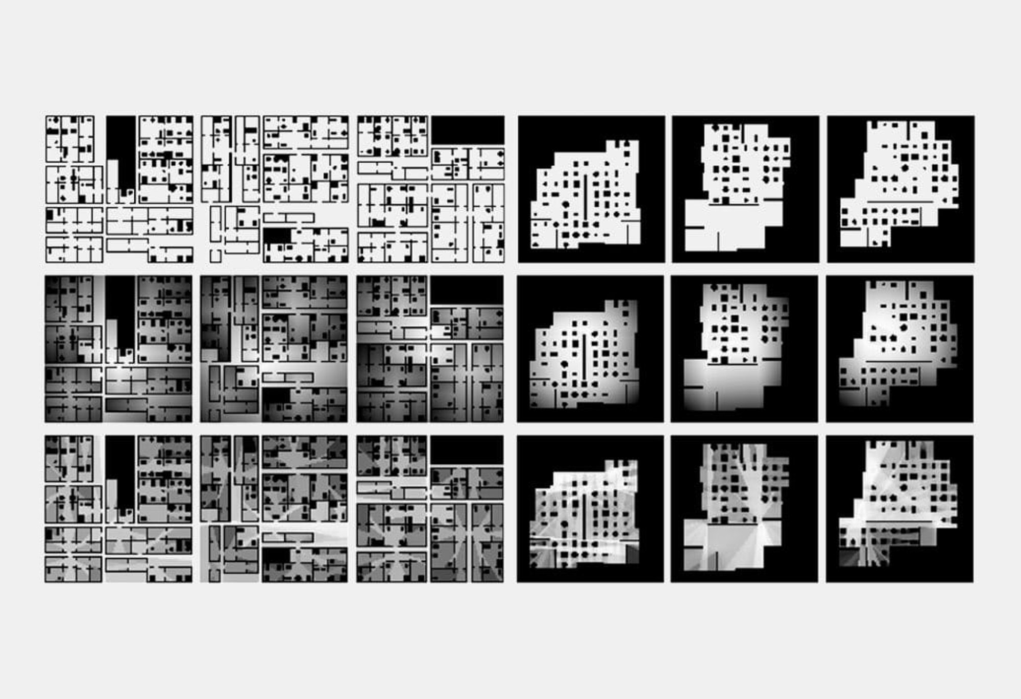 The top row of images shows a sample of floor-plan outputs from the parametric model, showing three compartmentalized (left) and three open-plan work spaces (right). The middle row visualises the output of the spatial connectivity analysis on these floor plans, and bottom row shows the visual connectivity analysis. © Foster + Partners