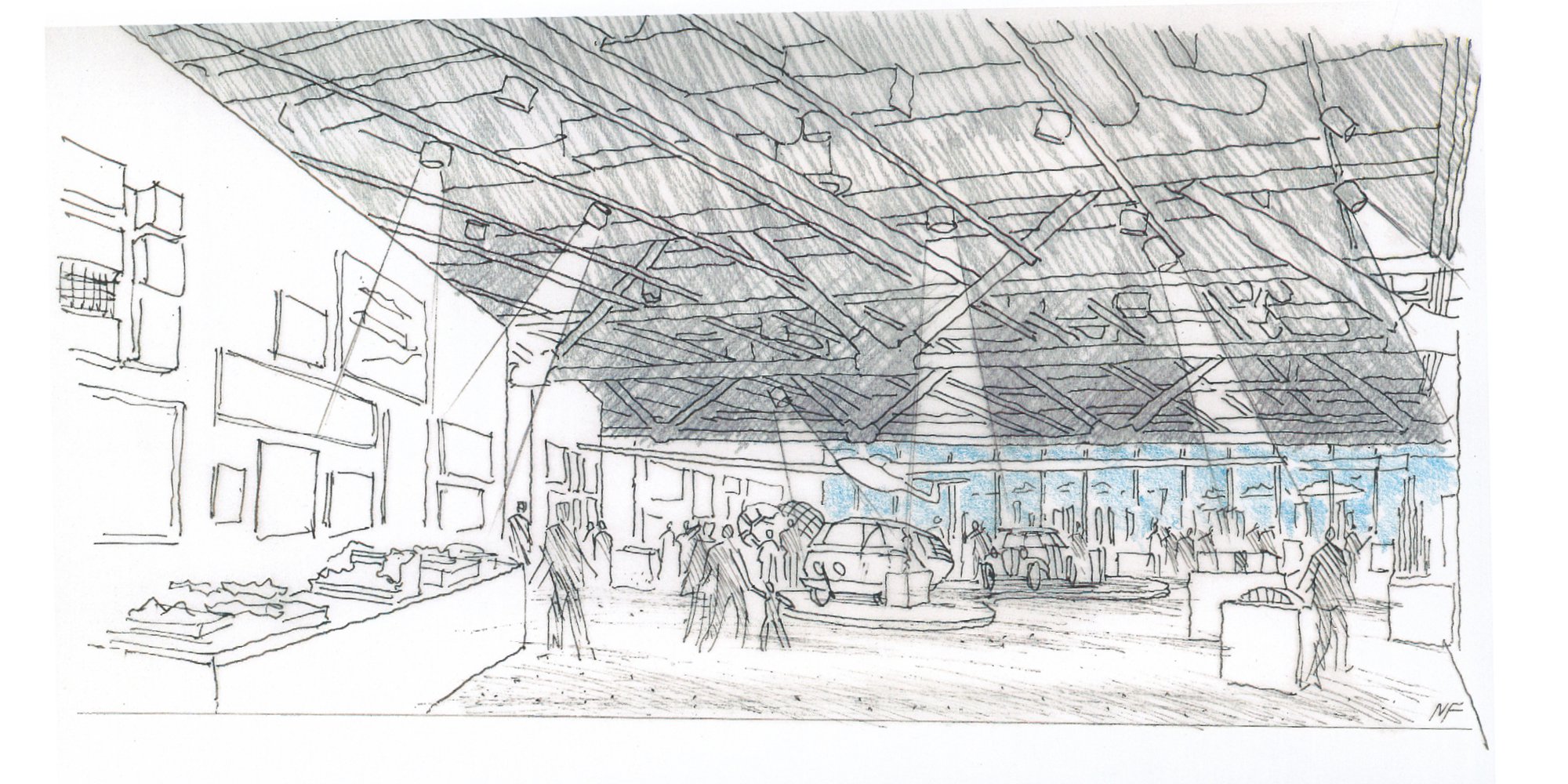 A sketch by Norman Foster, imagining the exhibition space at the Centre Pompidou. It shows the central gallery space, with a range of models, drawings, artworks and objects in 'Nature and Urbanity' and 'Skin and Bones,' including the Glasflügel H-201B Standard Libelle glider - which is hung from the ceiling - and Buckminster Fuller's Dymaxion Car #4. 