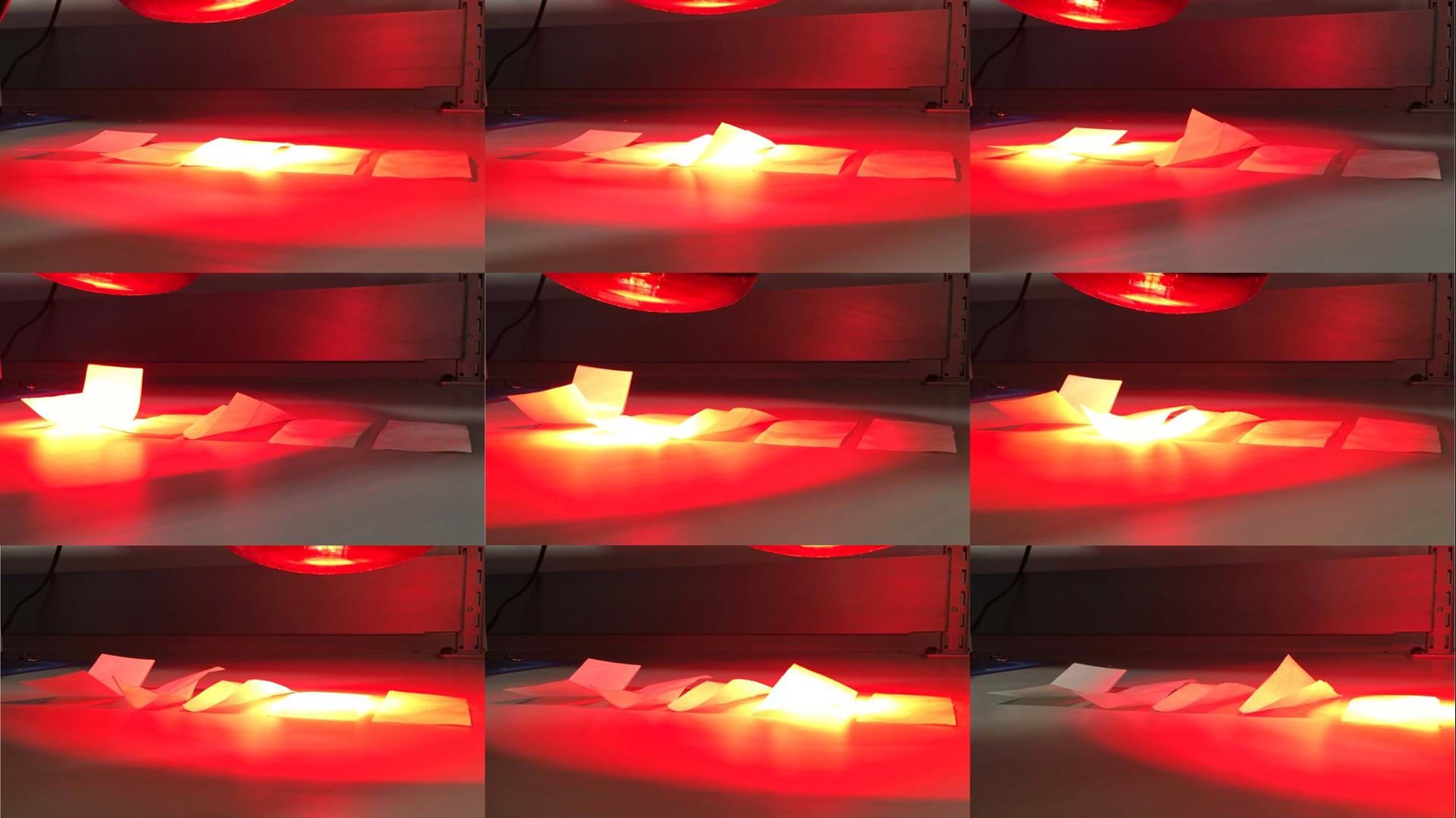 Stills taken from a video showing initial physical experiments with thermo-active laminates; the samples of different layering patterns display their deformations when exposed to direct heat. © Foster + Partners / Autodesk
