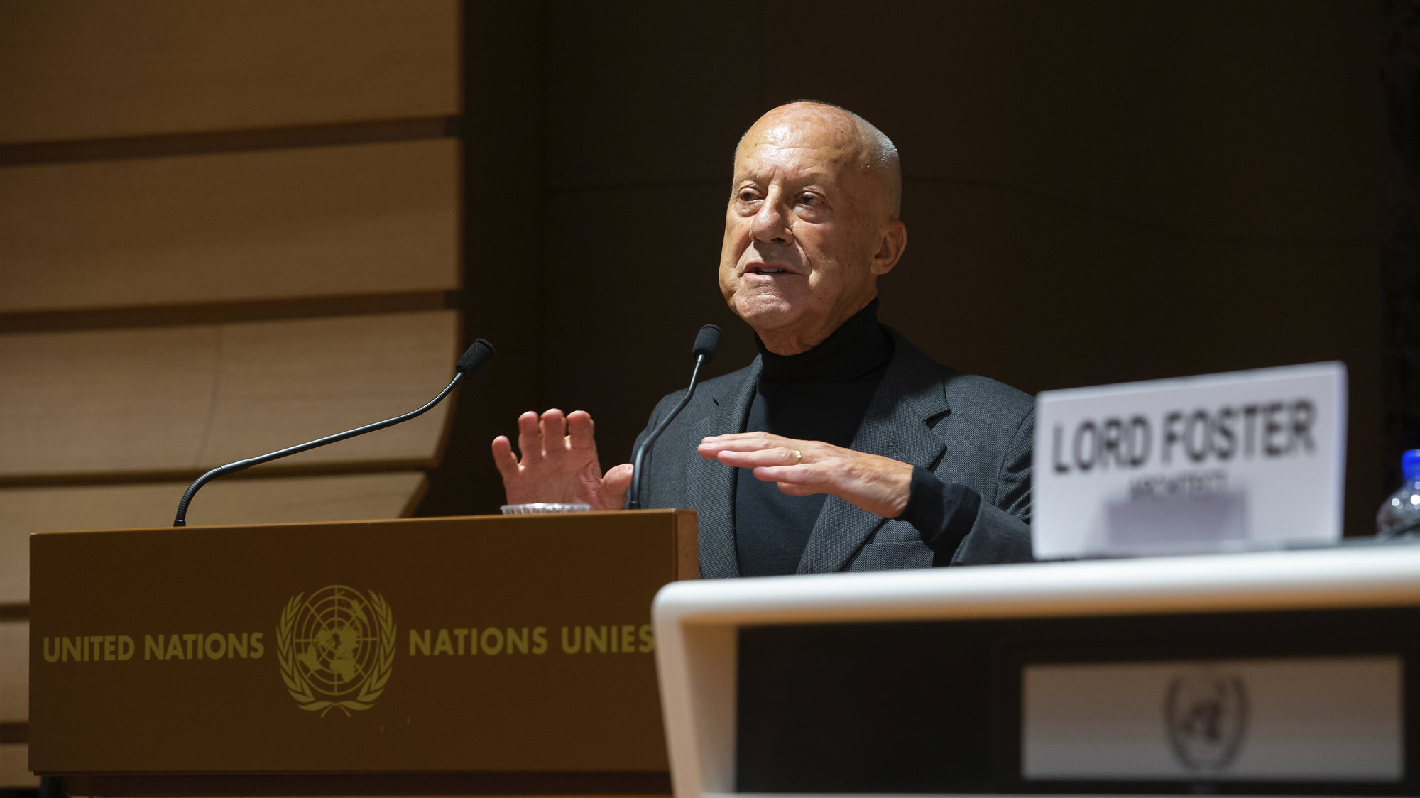 Norman Foster Addresses The First United Nations Forum Of Mayors In Geneva