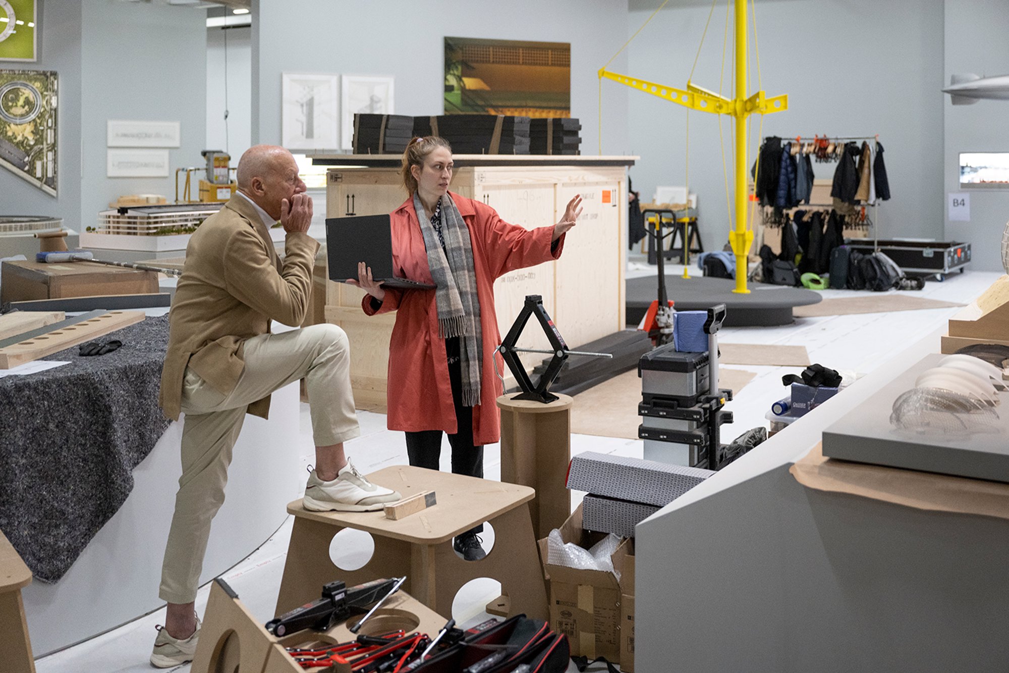 Reviewing the sequence of models for 'Skin and Bones' following a project addition on the long display plinth against the window.