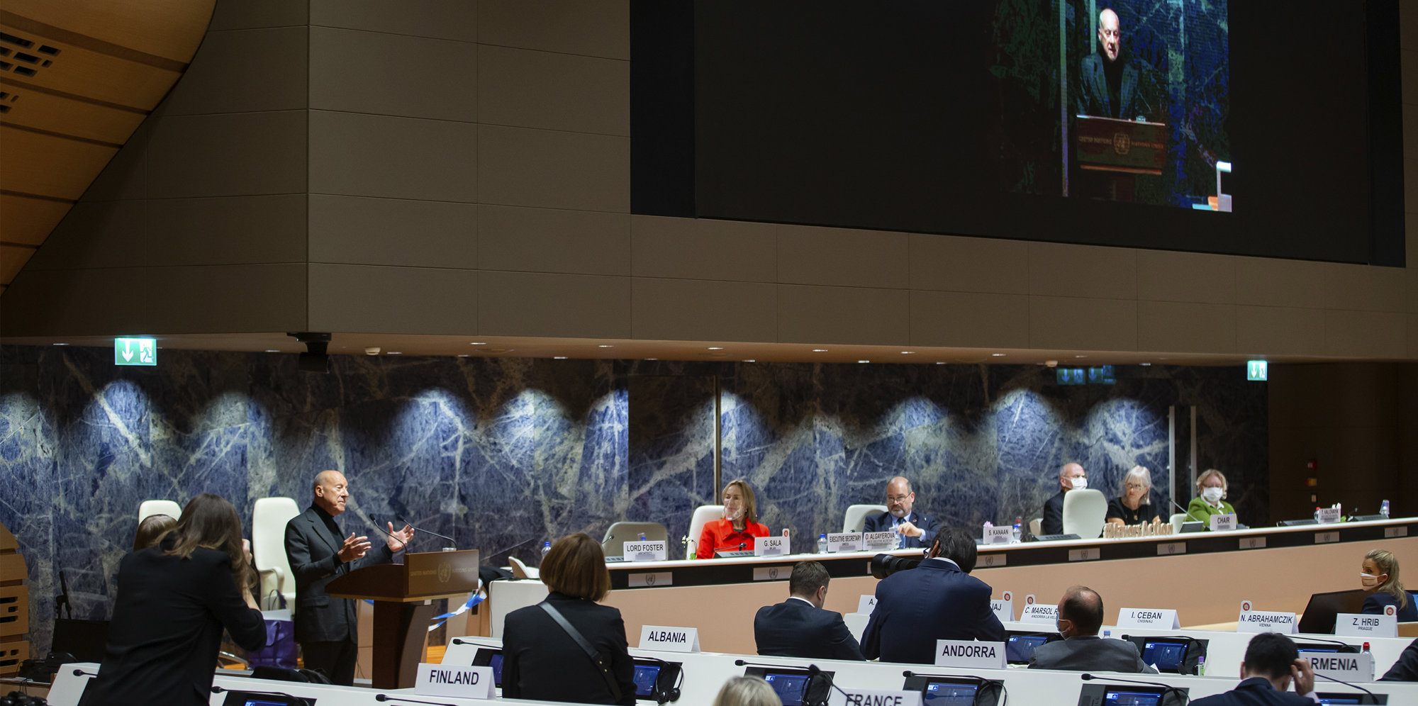 Norman Foster Addresses The First United Nations Forum Of Mayors In Geneva