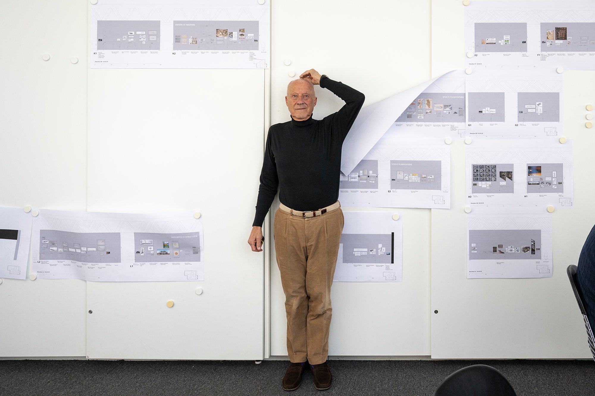 Reviewing elevations for the main gallery space and deciding on heights for drawings, photographs and captions.