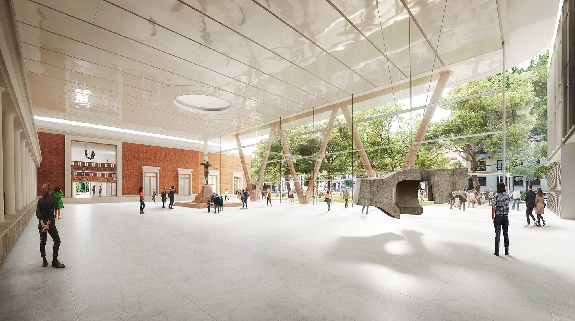 Natural light filters through a panoramic window offering expansive views over the adjacent green space.