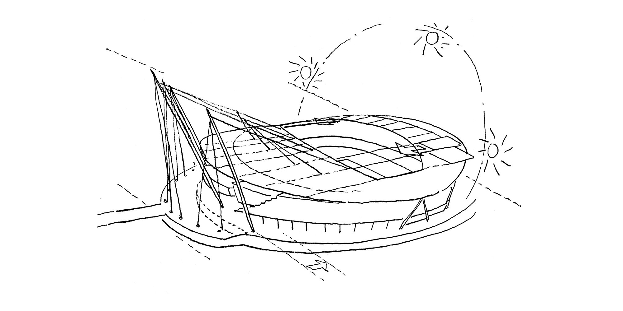 Concept sketch by Norman Foster showing the stadium's retractable roof, which maximises sunlight on the pitch.